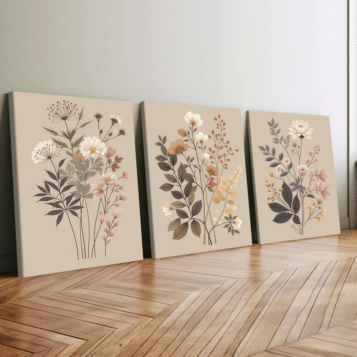 3-Piece Wood Frame Canvas Poster Set, Background Light Dried Flowers, Modern Art Wall Decor, Waterproof, Home Office Bedroom