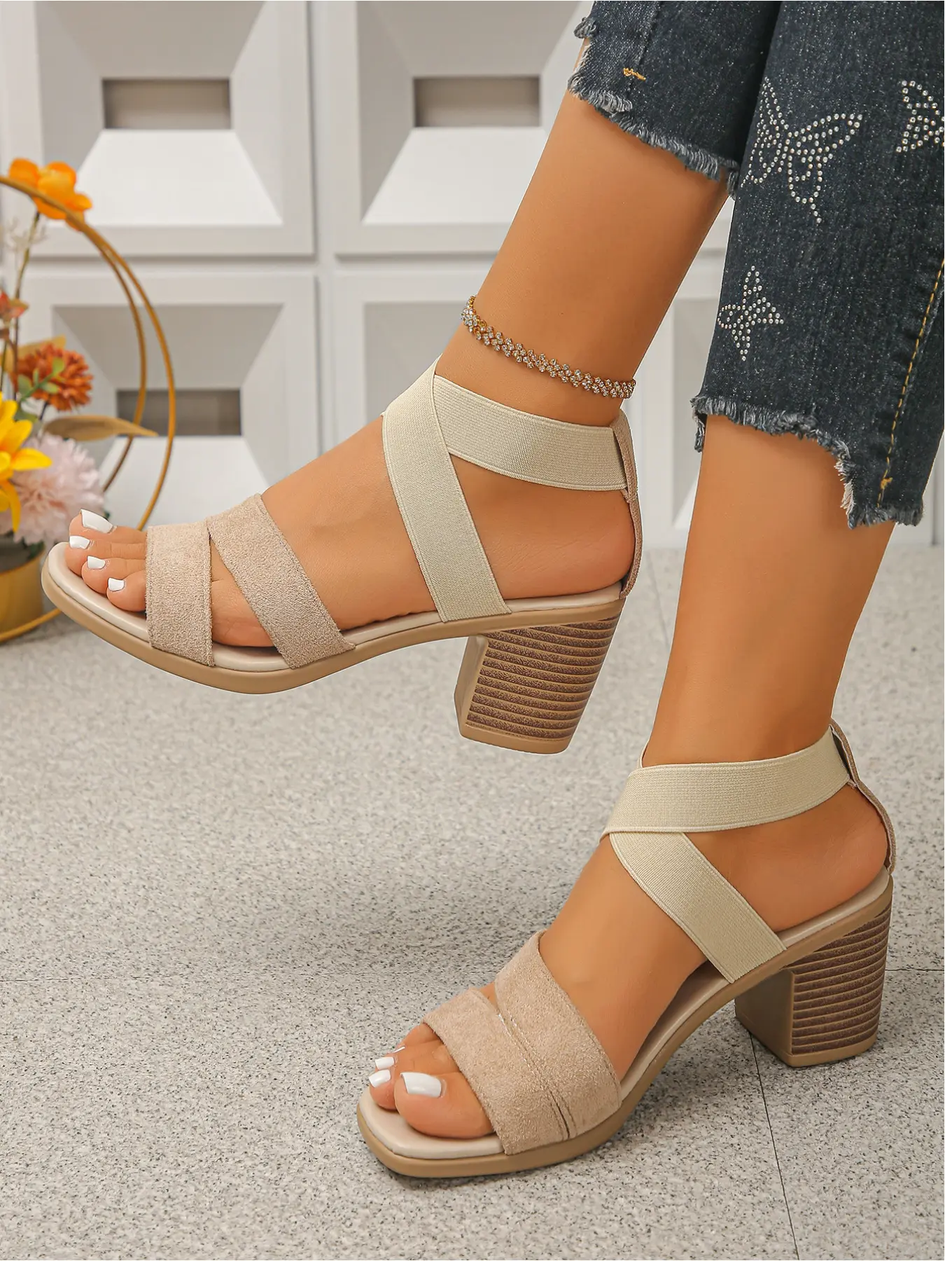 Elastic Cross Ankle Strap Block Heel Sandals, Women's Open Toe Multi Band Summer Dress Heels Crisscross Sandals