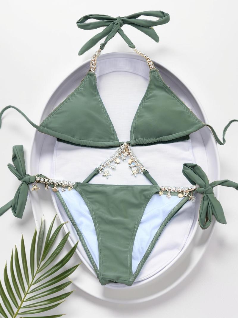 Two-Piece Set Women's Rhinestones Decor Chain Bikini Set, Halter Bikini Swimsuit, Summer Outfits 2024, Elegant Casual Tie Back Swim Bra & Tie Side Swim Bottom Set, Women's Summer Swimwear for Beach Holiday Vacation