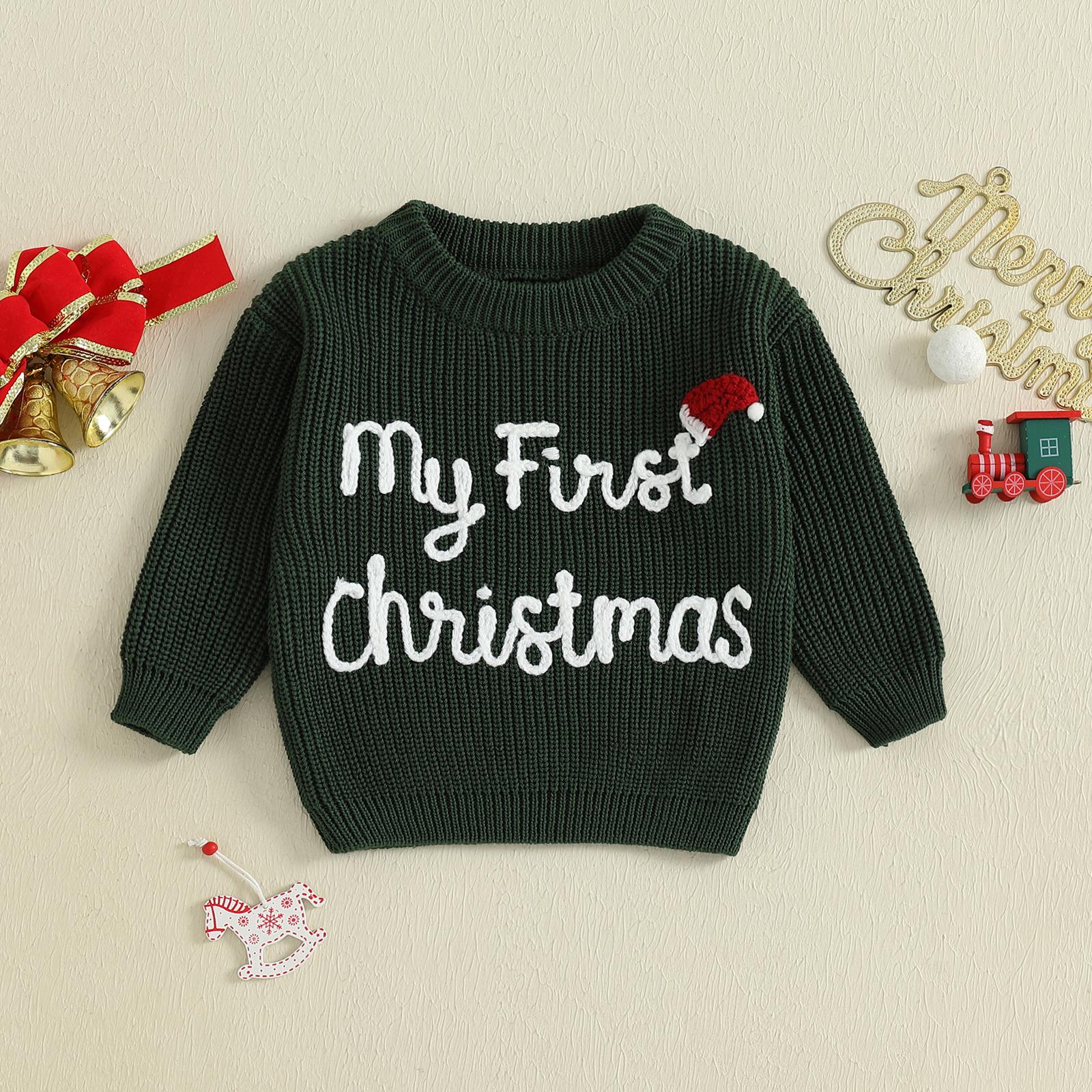Infant Baby Girls Boy Knit Sweater Christmas Hat and Letter Embroidery Crew Neck Pullover Long Sleeve Tops 0-18 Months