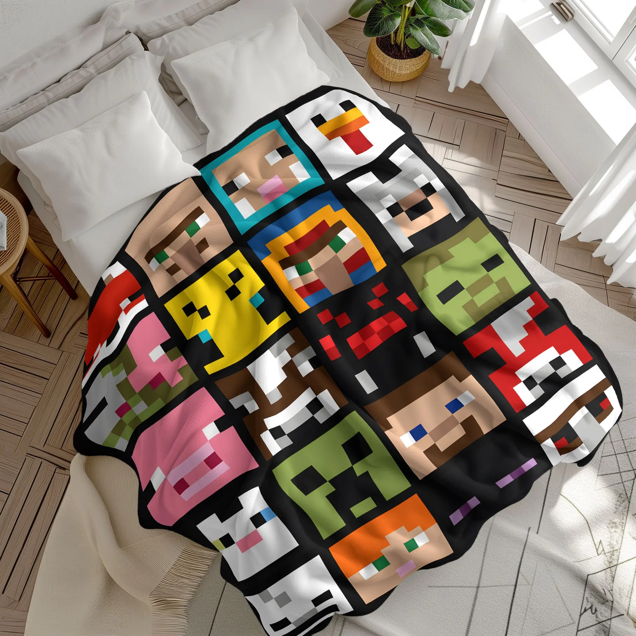 Pixel Game Character Flannel Blanket, Soft Plush Throw, Block Style Animal Face Print, Cozy Gamer Blanket for Sofa Bed Nap Travel Gift
