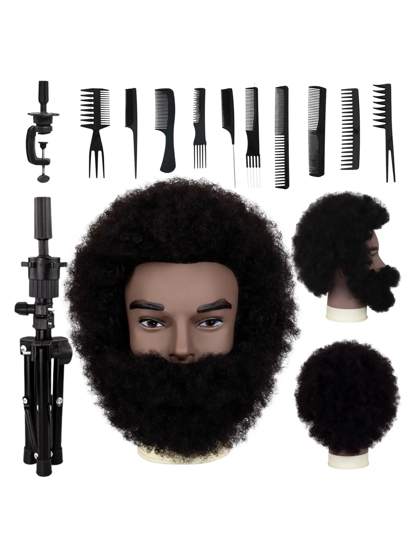 100% Human Hair Mannequin Head with Beard Natural Black Afro Curly Hair Training Head for Cosmetology Students Barber Practice Hair Styling Cutting Braiding Wig Making Display Stand Salon Training Tool for Beginners Professionals