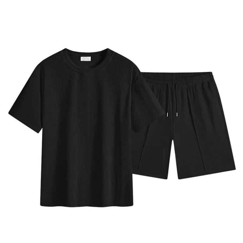 Kyn Apparel Men's Waffle Knit Two Piece Set Solid Color Short Sleeve T-shirt & Elastic Waist Shorts Casual Loungewear Tracksuit