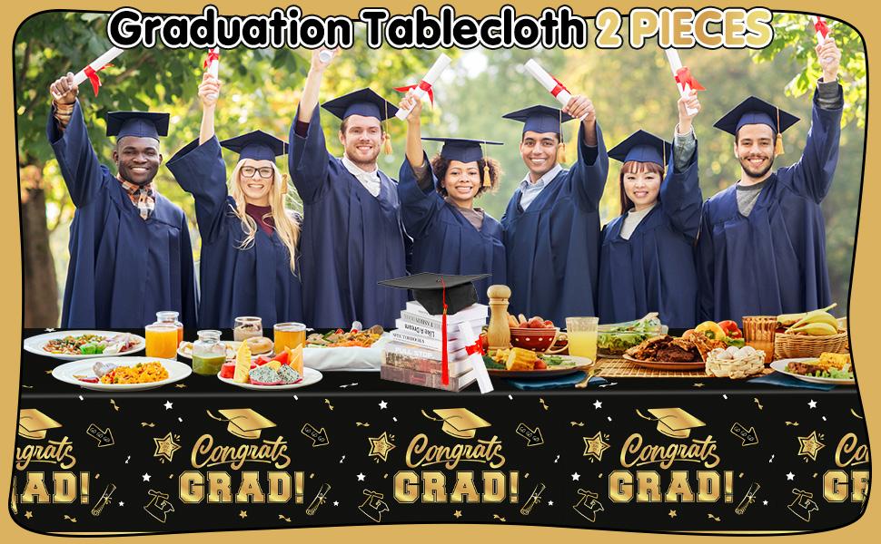 2 Pack Graduation Tablecloth - Congrats Grad Table Cloths, Plastic Disposable Rectangle Black Gold Class of 2026 Table Cover for Graduation Tables Decorations Party Decor Supplies Favors,108 x 54 Inch