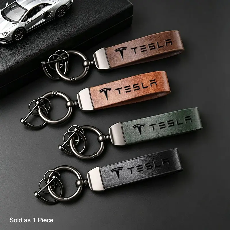 Leather Car Keychain Auto Emblem Zinc Alloy Keyring For Tesla Model 3 Model S Model X Model Y Roadster SpaceX