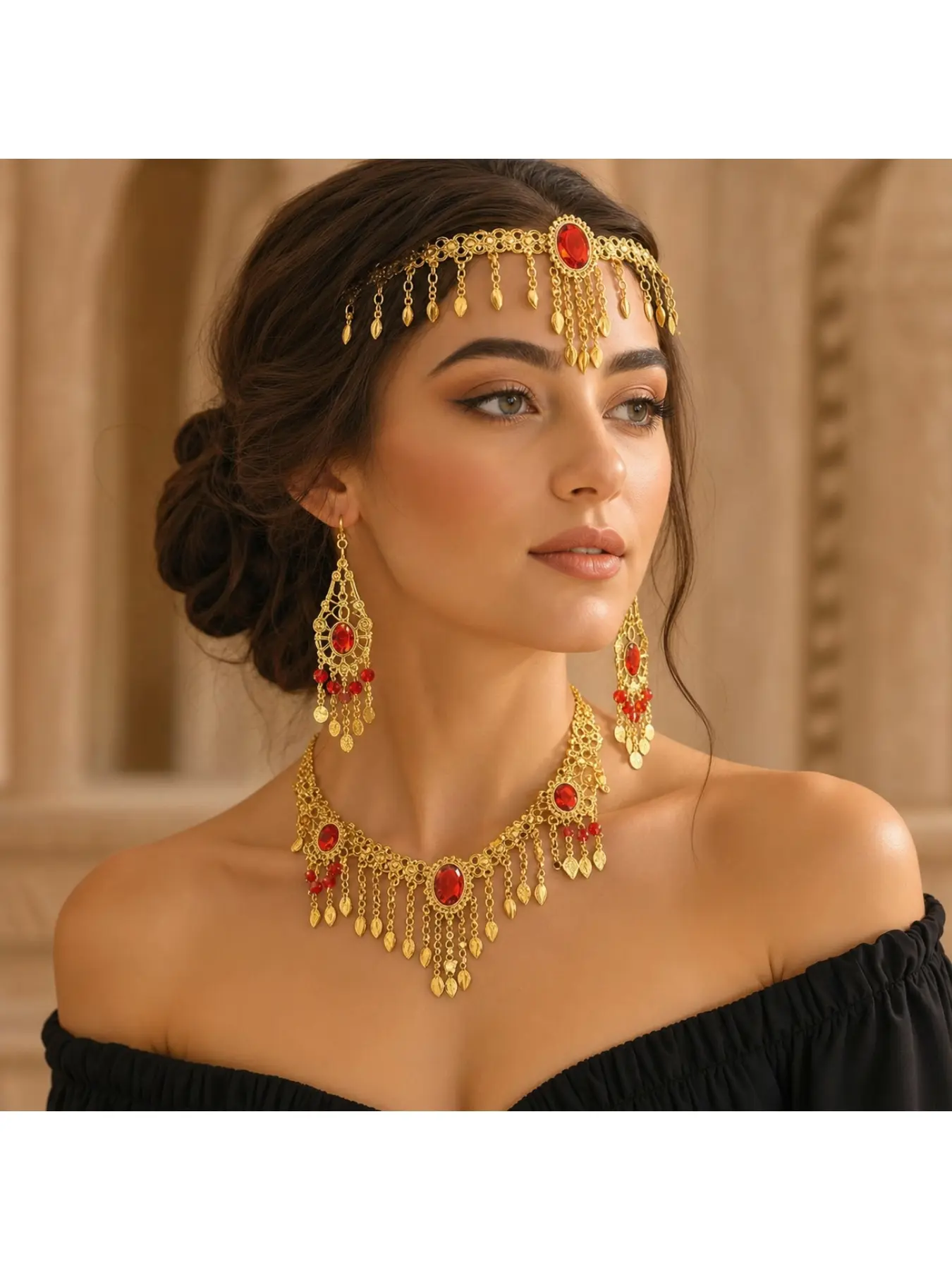 Ethnic Style Belly Dance Ruby Necklace Head Chain Earrings Indian Dance Accessories Set Heavy Work High-end Design Sense