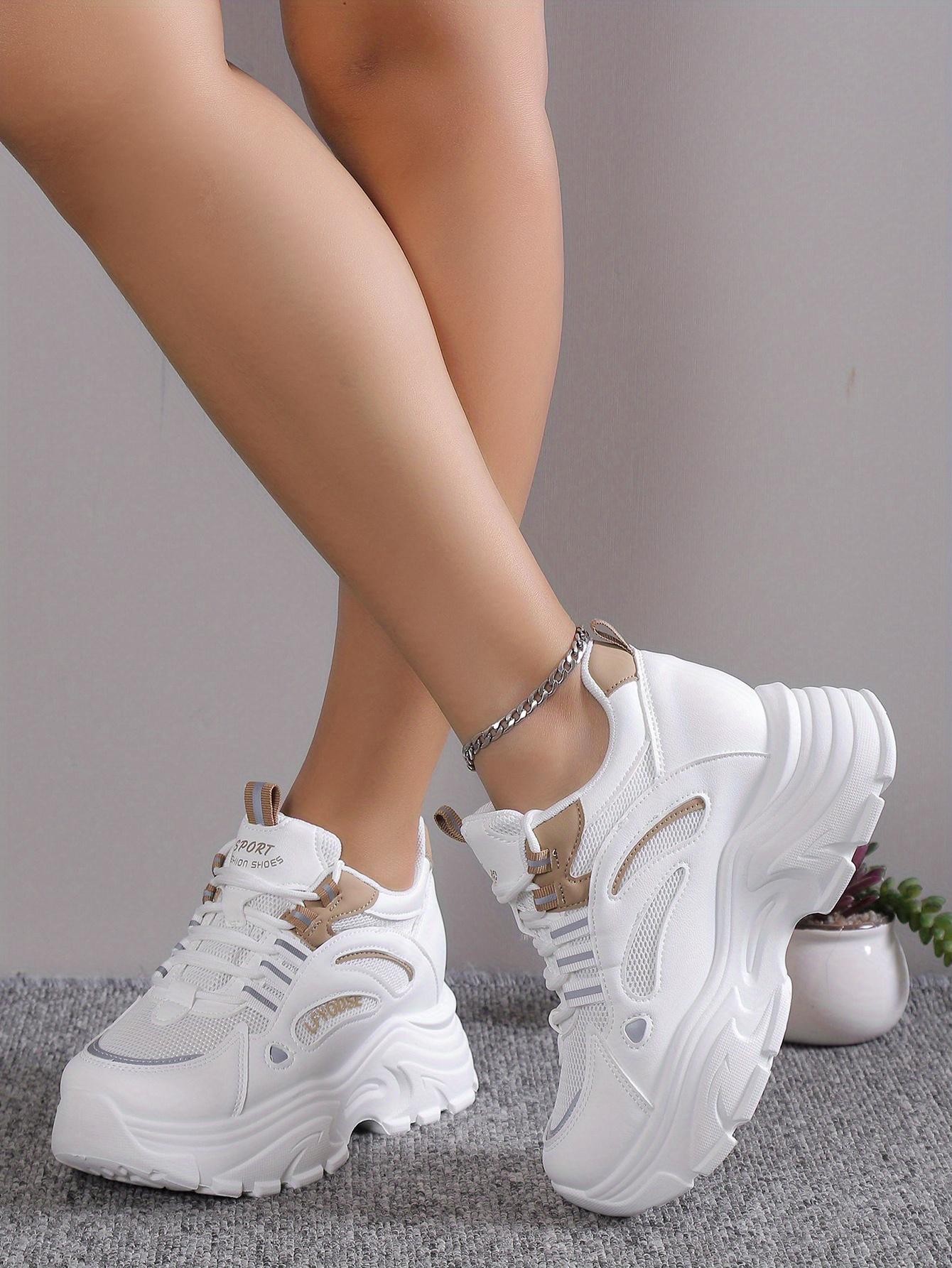 Versatile Comfy Mid-Top Solid Color Mesh Sneakers - Lace Up, Round Toe, Heightening Thick Rubber Sole, Breathable Fabric Upper, All-Season Casual Shoes for Women