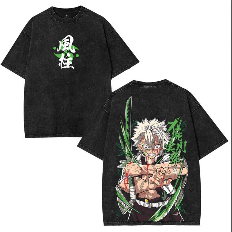 Sanemi Shinazugawa Demon Slayer Graphic Tee – Wind Hashira Anime Shirt, Double-Printed Acid-Washed Kimetsu No Yaiba Top, Trendy Menswear Streetwear for Casual, Party, Convention, and Anime Fans