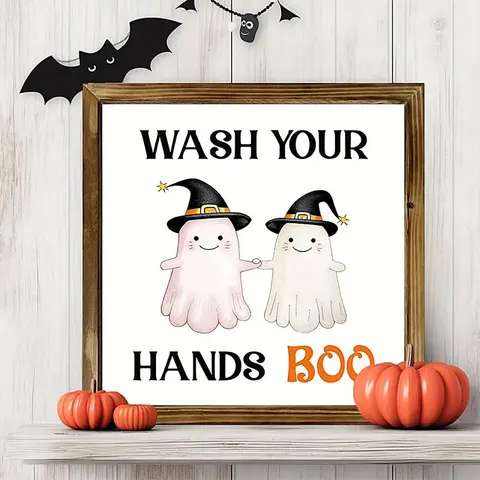 Halloween Bathroom Door Decor, Party Decorations, Cute Witch Hat and Ghost Design, Wooden Signage for Indoor and Outdoor Use, No Battery Required