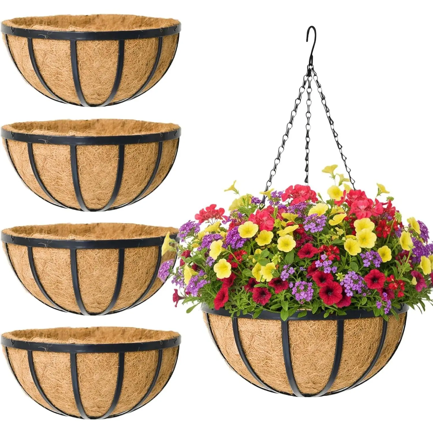 4 Pack 14 Inch Round Hanging Basket with Coco Liners, Metal Hanging Baskets for Plants Outdoor, Hanging Planter with Chain Garden Products for Outdoor, Porch, Lawn, Garden