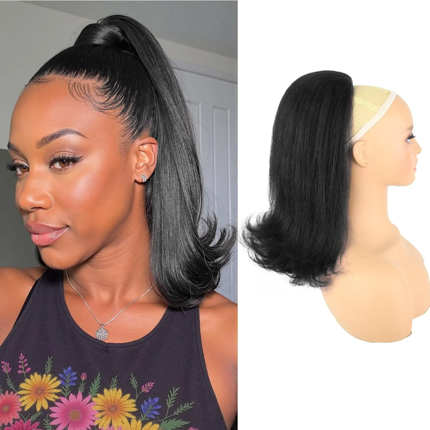 Drawstring Ponytail Extension for Black Women 14 Inch Yaki Kinky Straight Ponytail Flick Style Hairpiece Synthetic  Black