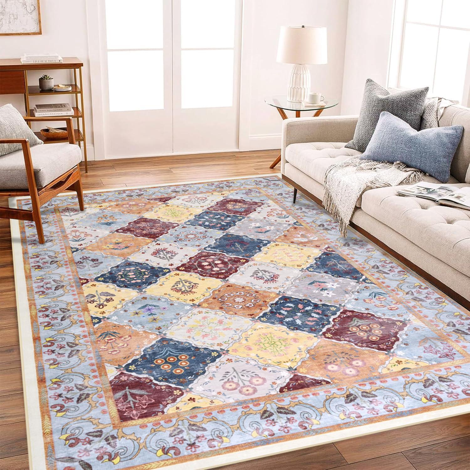 Boho Patchwork Retro Area Rugs 6' x 9' ,Soft Plush Non Slip Backing,Bohemian Style Area Rug Colorful Floral Patterns,Perfect for Living Room,Bedroom,Kitchen Closets,Carpet for Dressing Room, Brown, Blue, Grey, Orange,4x6,5x8,6x9 Feet