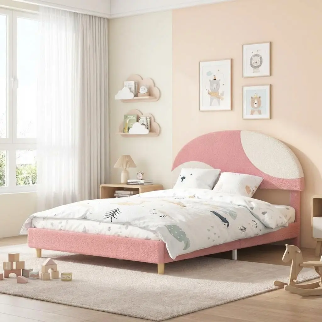 Garvee Full Bed Frame with Round Boucle Upholstered Arch-Shaped Headboard in Soft Pink and White, Modern Design with Wooden Slats, No Box Spring Needed, Easy Assembly