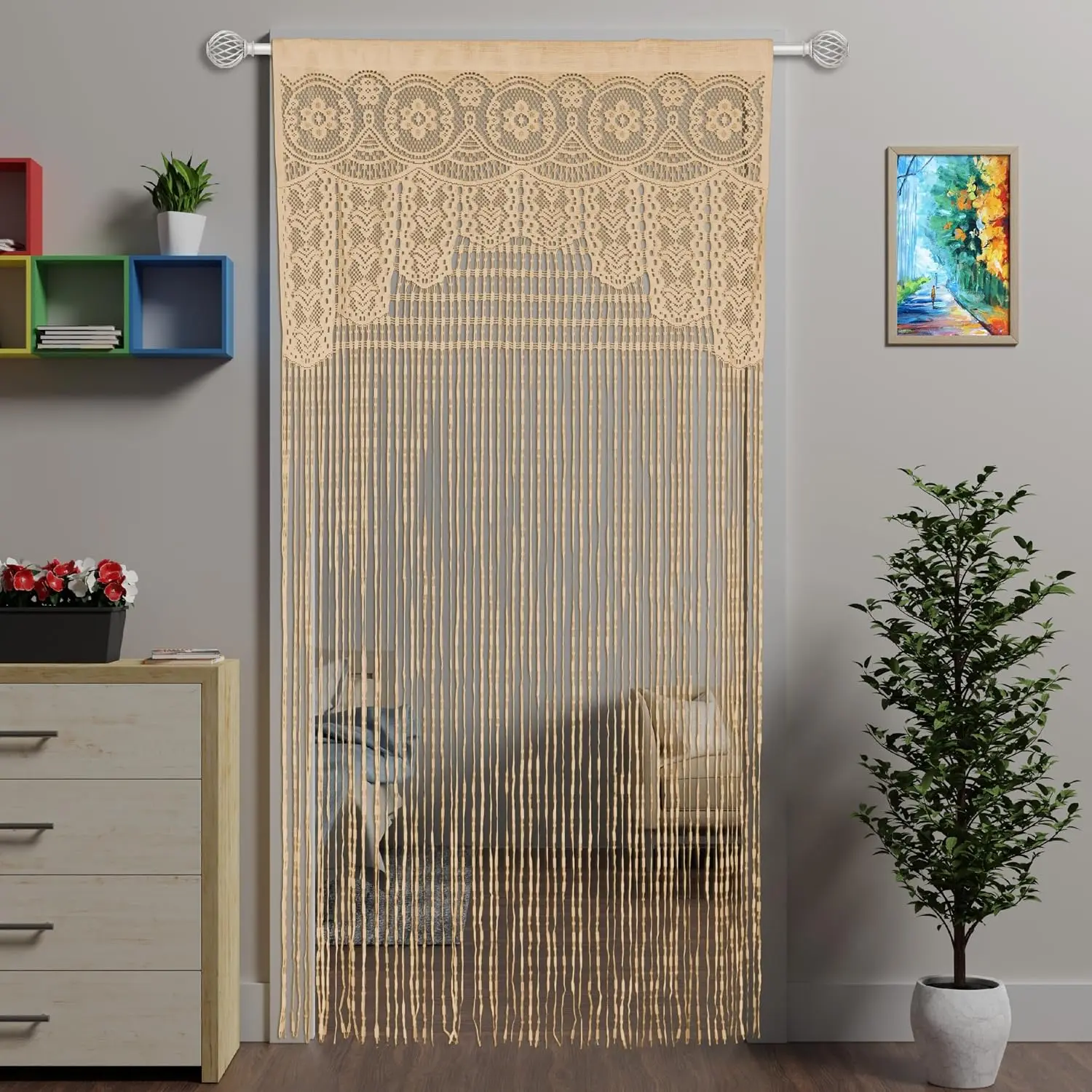 Polyester 1-Piece Lightweight Lace String Door Curtain, Bohemian Home Decor for Doorways, Bedroom Window Wall Divider Hanging Panels, One Piece