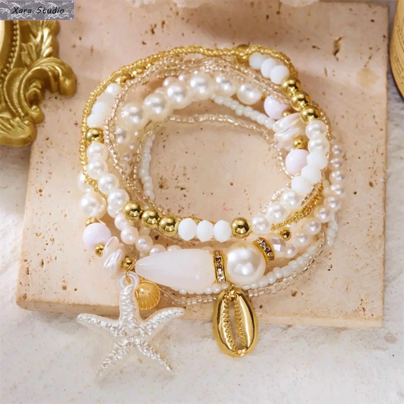 Boho Y2K Pearl Beaded Bracelet Set for Women, Stackable Coastal Shell Starfish Charm Jewelry, Gold Layered Elastic Bracelet Stack, Lightweight Beach Vacation & Summer Outfit Accessory Gift for Her
