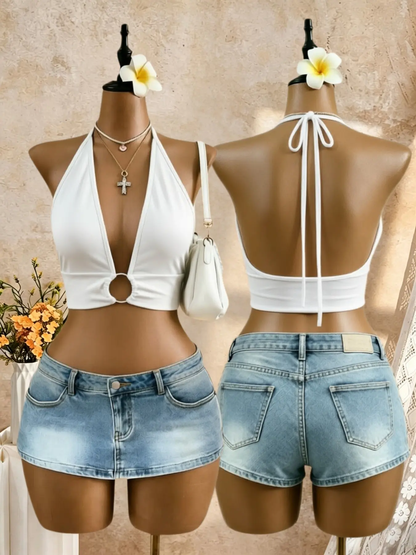 Y2K Sexy Solid Color Halter Crop Tank Top, Deep V Neck Front Placket, Metal Ring Cutout Back Tie Top, Sleeveless Slim Fit Style, Women's Nightclub Vest