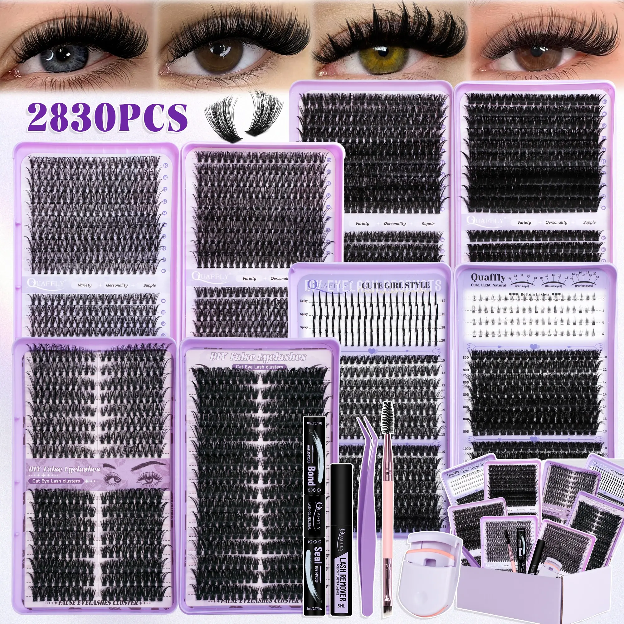 Lash Clusters Kit 2830Pcs DIY Eyelashes Extensions Kit 40+60+80+100D+Bottom Lashes+Spikes Eyelash Extensions with Lash Bond and Seal Lash Remover Tweezers Dual-Ended Brush Lash Curler