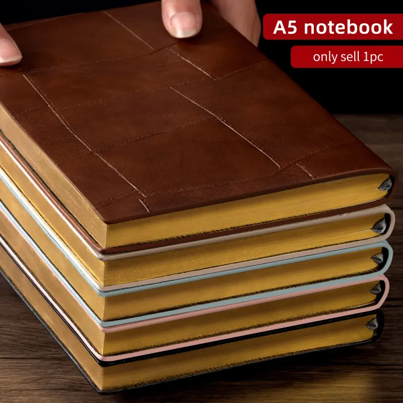 A5 Stitched Leather Cover Notebook, Business Gold Sprayed Edge Journal, Thickened Premium Writing Diary, Hardcover Daily Planner Notepad for Office Work, School Study, Meeting Record & Personal Memory Notes