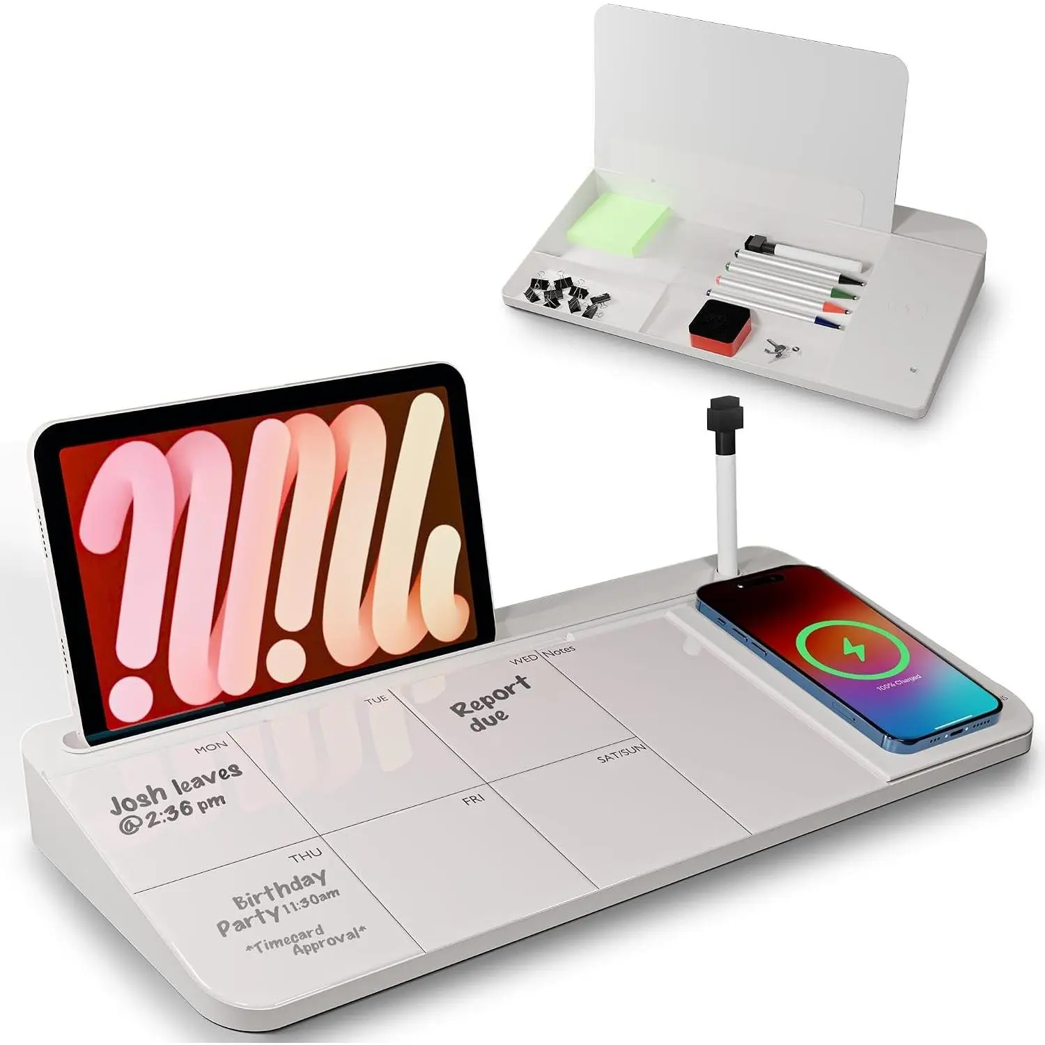 Glass Desk Whiteboard with  Charger - Desktop Whiteboard with Storage, Weekly Planner, Dry Erase Pad, Organizer Drawer for , School, Office Gadgets – White