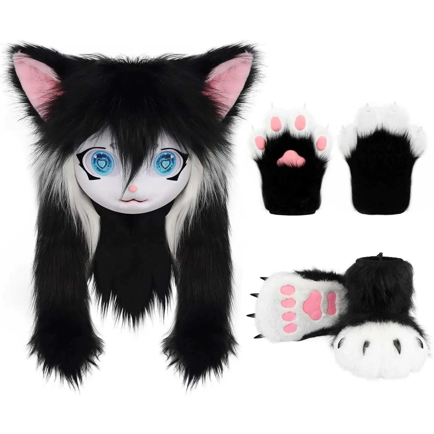 Cat Paw Mittens Gloves Furry Shoes Fursuit Animal Head Mask Halloween Masquerade Costume Accessories Set