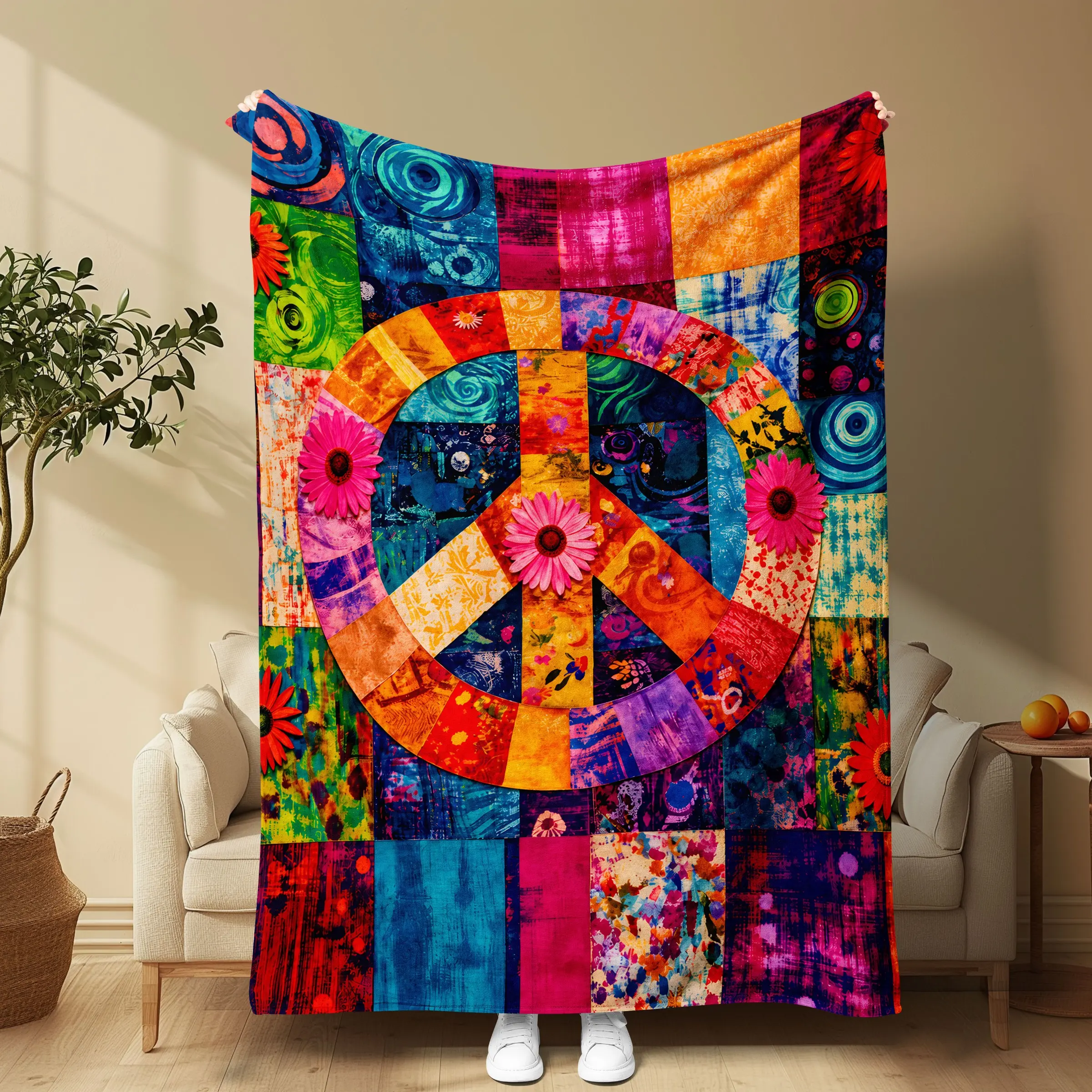 Boho Peace Daisy Patchwork Blanket, High-Density Soft Flannel, Retro Bohemian Decor, Perfect for Sofa, Office Naps, Photography