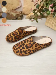 New Retro Leopard Print Plain Color Slip-On Slippers, Round Toe Flat Lazy Wear Mules, Casual Outdoor Comfortable Sandals