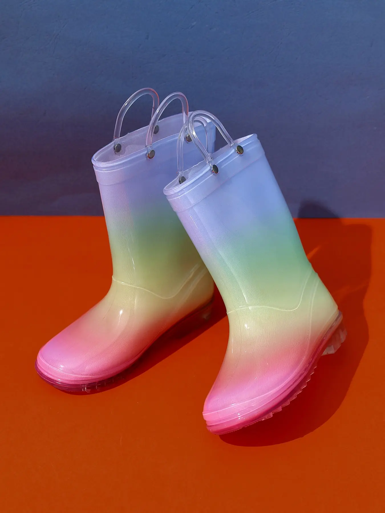 Gradient Rainbow Glitter Kids Rain Boots, Waterproof PVC Mid-Calf Wellies, Non-Slip Cute Girls Rain Shoes for Outdoor Play