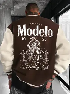 Men's Color Block Baseball Jacket, Retro Style Satin Sleeve Design, Streetwear Hip Hop Outerwear for All Seasons