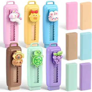 Cute Kawaii Cartoon Retractable Push Pull Sliding Erasers with Refills Bulk, 6 Classic Sets, Fun Erasers for Teacher Rewards Back to School Gifts Party Favor Supplies