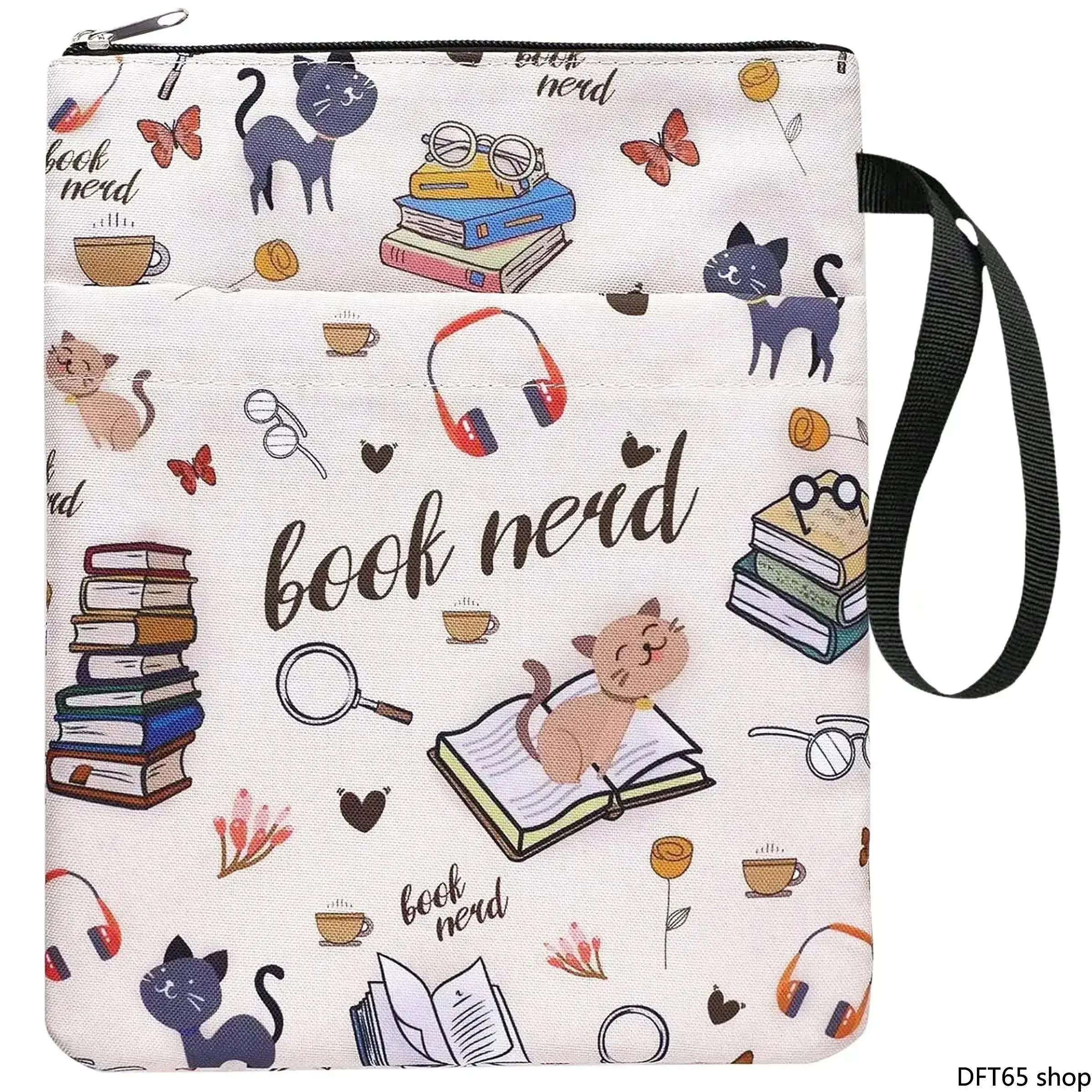 Cartoon Printed Synthetic Fabric Book Holder Bag - Adjustable Shoulder Hanging Strap, Multi-Pocket Layout, Thick Soft Cloth, Portable Decorative Storage Accessory for Daily Use, Cat Lovers' Office & Paperback Novel Organization, Adjustable Strap