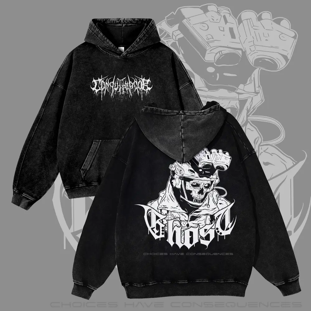 Men's Tactical Ghost Skull Graphic Hoodie - Vintage Acid Wash, Oversized Fit, Cotton Fabric, Casual Streetwear Unisex Gamer Sweatshirt (Pairable with Jeans)
