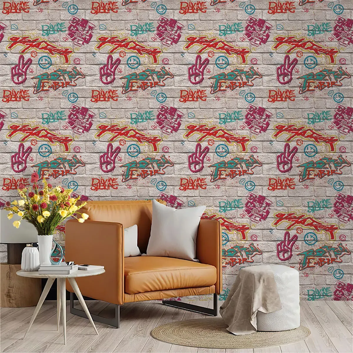 Light Base Graffiti Style Wallpaper, PVC Material, Self-Adhesive, Ideal for Living Room, Kitchen, Bedroom, Wall Decoration