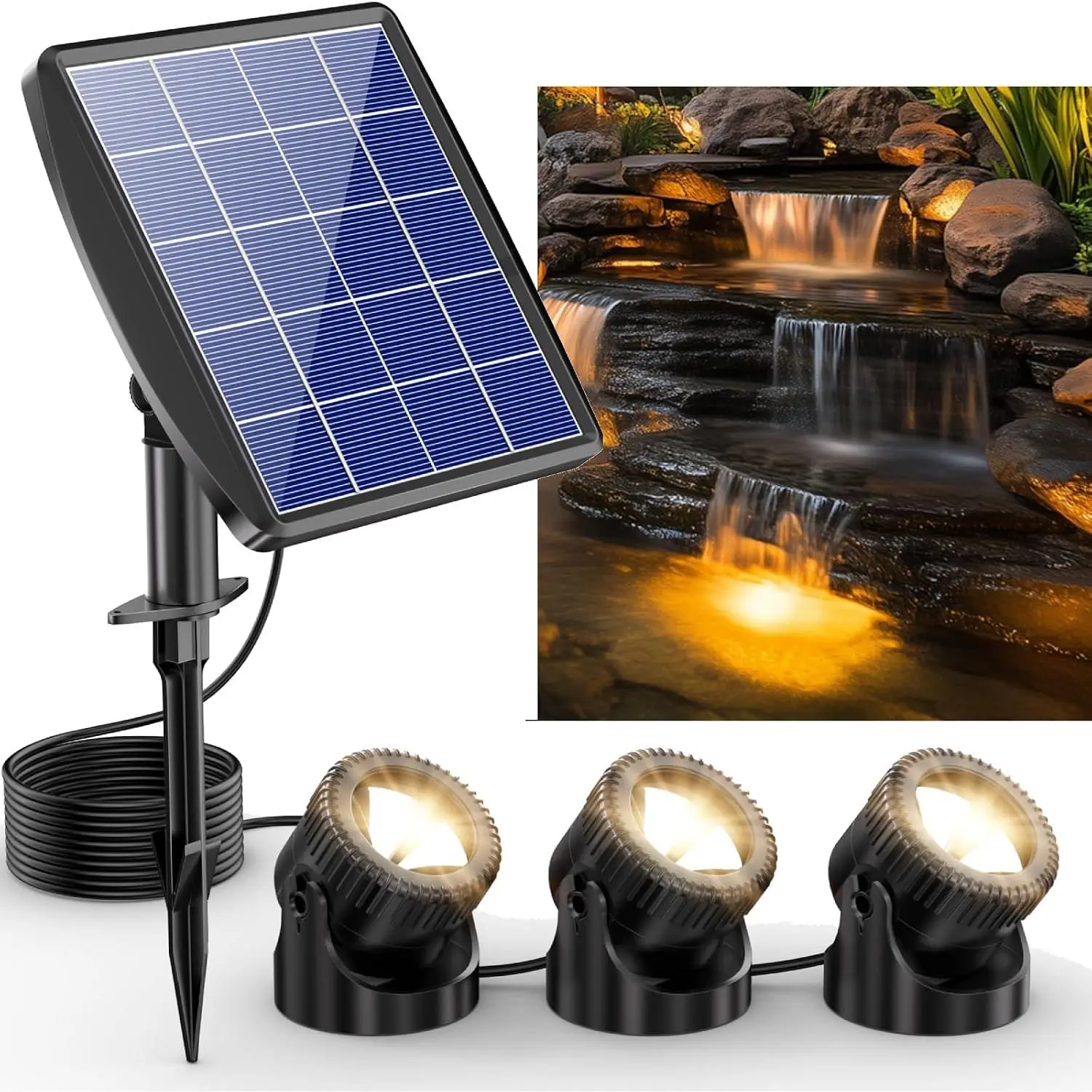 3-in-1 Solar Pond Lights - Warm White Underwater Pond Lights, IP68 Waterproof LED Fountain Lights for Pond, Fountain, Pool Waterfall Decoration - Garden Patio Outdoor Decorative Lights (3 Lights) P63H