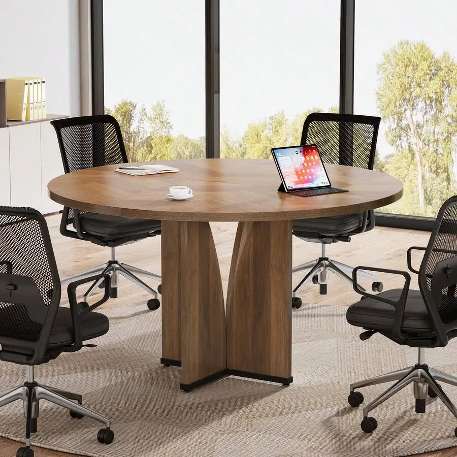 39" Round Conference Table For 4, Modern Round Meeting Table With Sturdy Base, Small Compact Conference Room Tables For Office, Training, Or Negotiation (Rustic Brown)