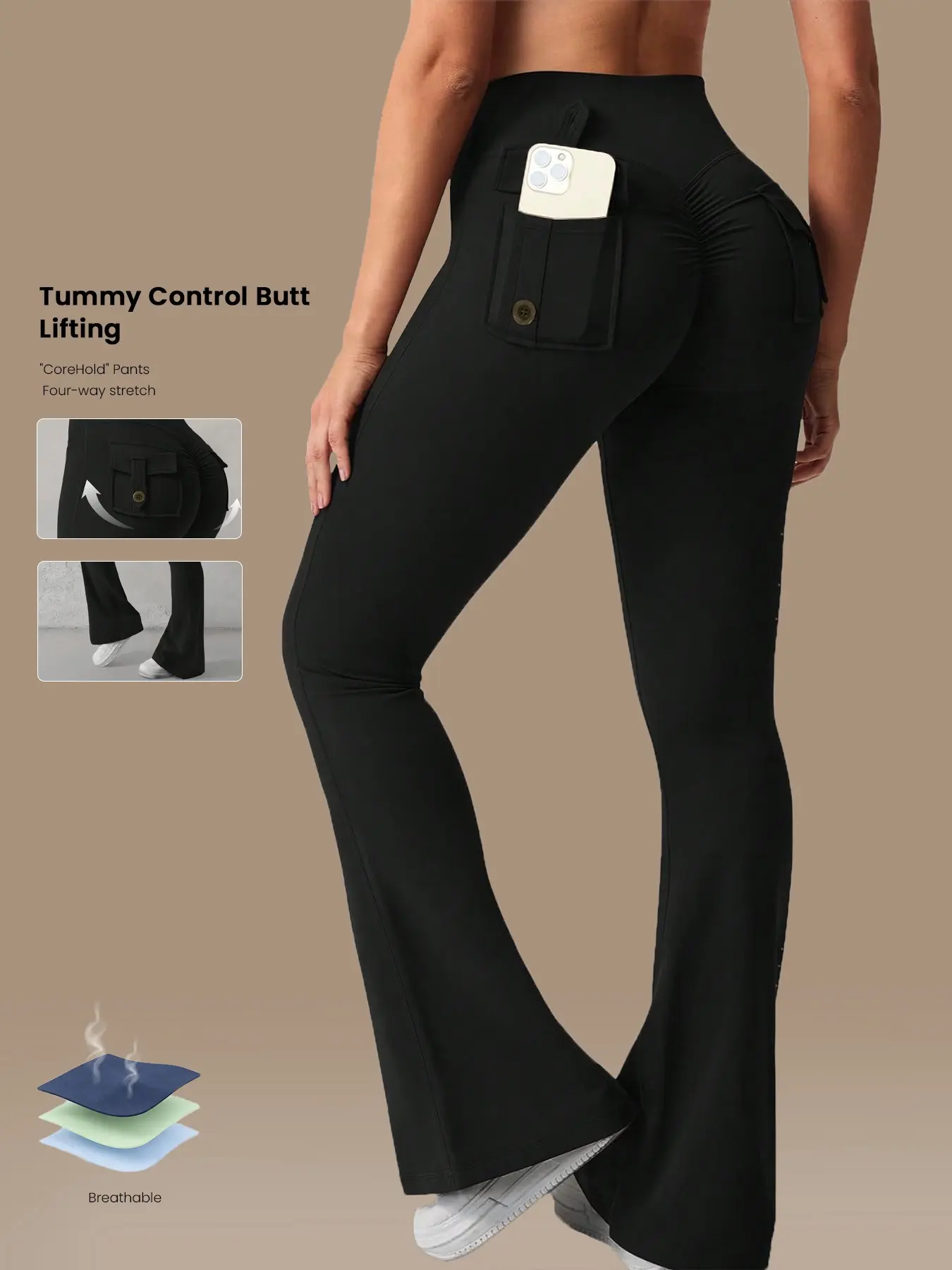 Women's Plain Bell Bottom Pants with Pockets, High Stretch Yoga Tight Fitted Trousers, Versatile Long Pants for Outdoor, Work, Sports, Casual Wear