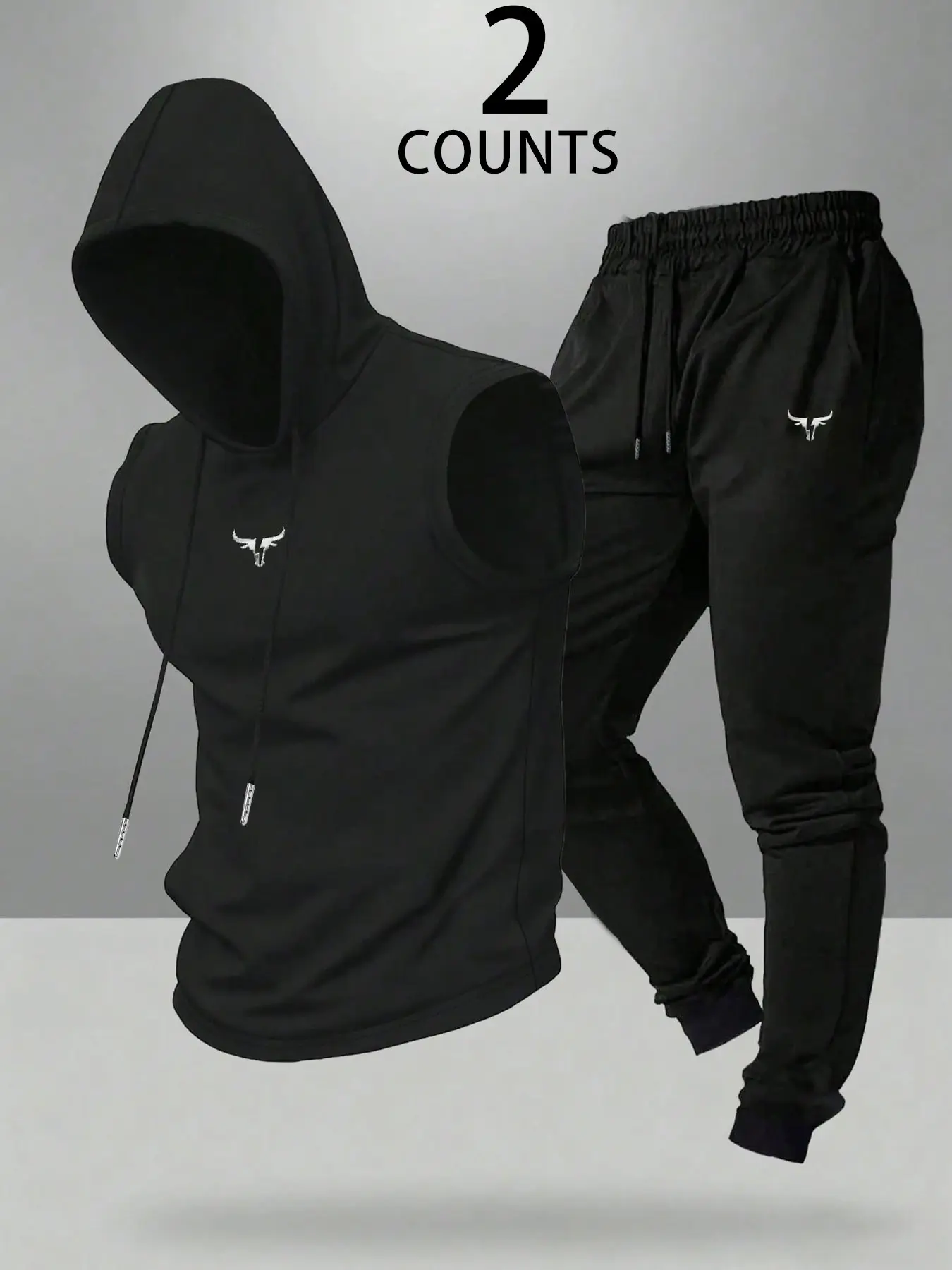 Men Sleeveless Hoodie 2 Piece Tracksuit Set Bull Logo Muscle Fit Athleisure Outfit, Moisture Wicking Breathable Functional Activewear, Versatile One Wear Multiple Ways For Gym Workout Running Outdoor Hiking Urban Streetwear Daily Casual FashionJogger Suit