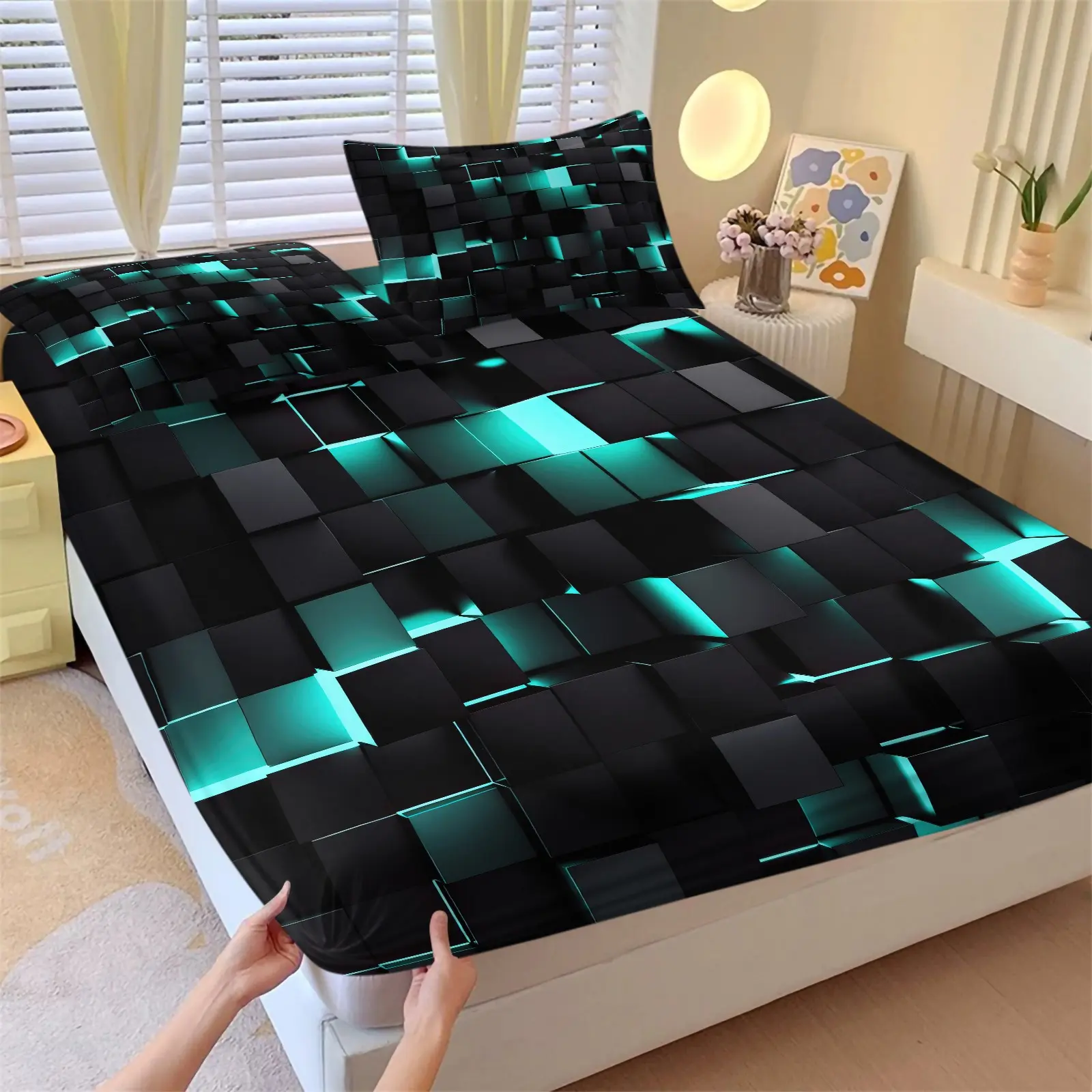 Cyan Blue Neon Glowing 3D Square Grid Fitted Sheet Set & 2 Coreless Pillowcases, Futuristic Digital Geometric Bedding Set, Deep Pocket Mattress Cover Anti-slip & Breathable, Cyberpunk Tech Minimalist Industrial Style Bedroom Decor