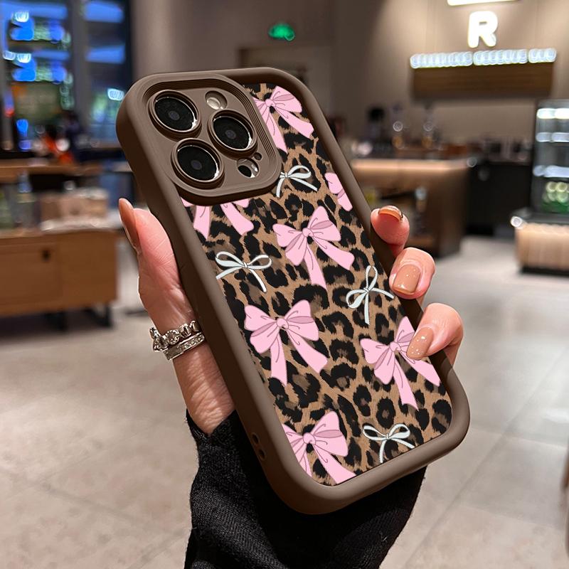 Case for iPhone 17 Pro Max 16 Plus 15 14 13 12 11 Air E Fashion Bowknot Leopard Pattern  Drop Protection Shockproof Soft Silicone smartphone Cover
