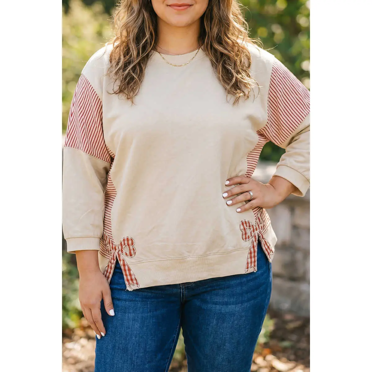 Parchment Striped Colorblock Patchwork Bow Detail Bracelet Sleeve Plus Size Top