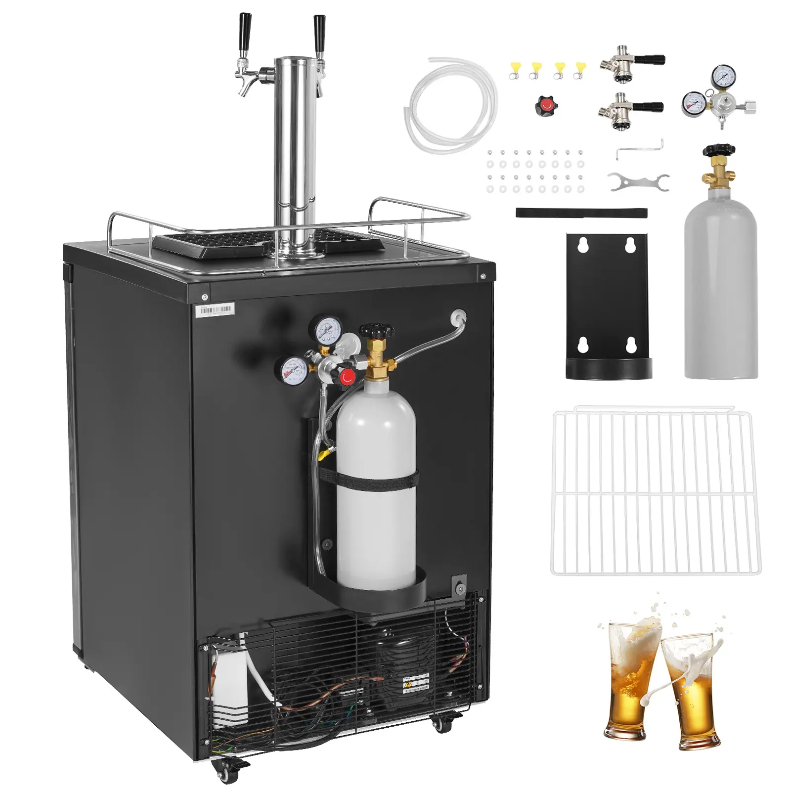 Beer Kegerator, Dual Tap Draft Beer Dispenser, 100W Power, 162 L Volume Capacity, Full Size Keg Refrigerator with Shelf, Drip Tray & Rail