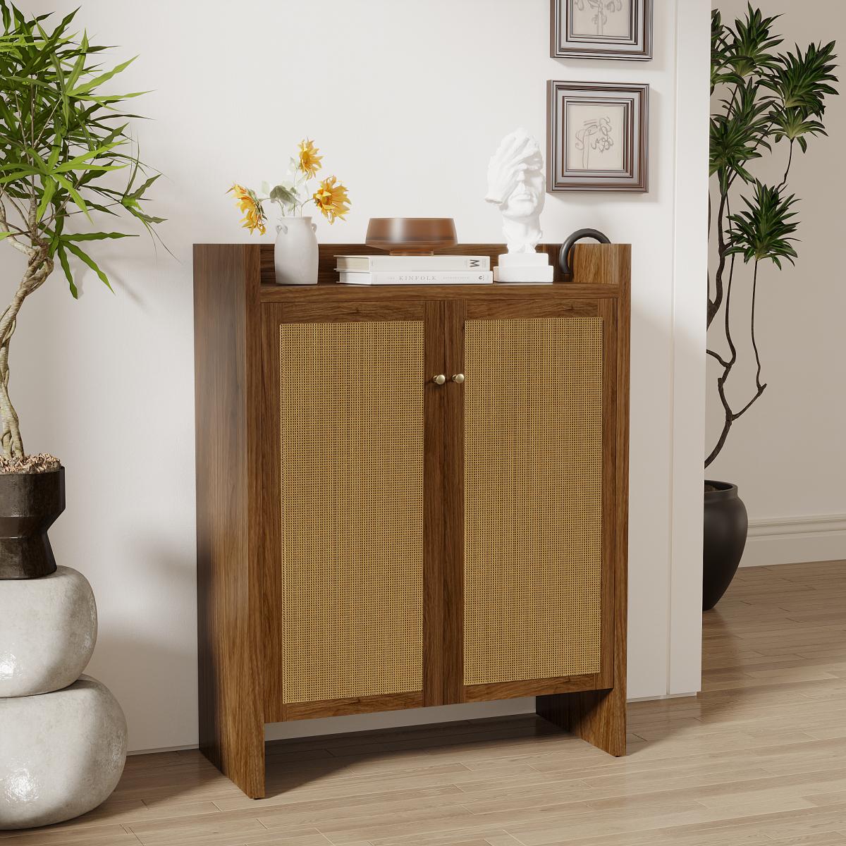 42.5" Tall Rattan Shoe Cabinet with Doors, 6-Tier Shoe Storage Cabinet with Adjustable Shelves, Wooden Freestanding Shoe Organizer Shoe Cabinet for Entryway,Hallway,Living Room (Walnut)