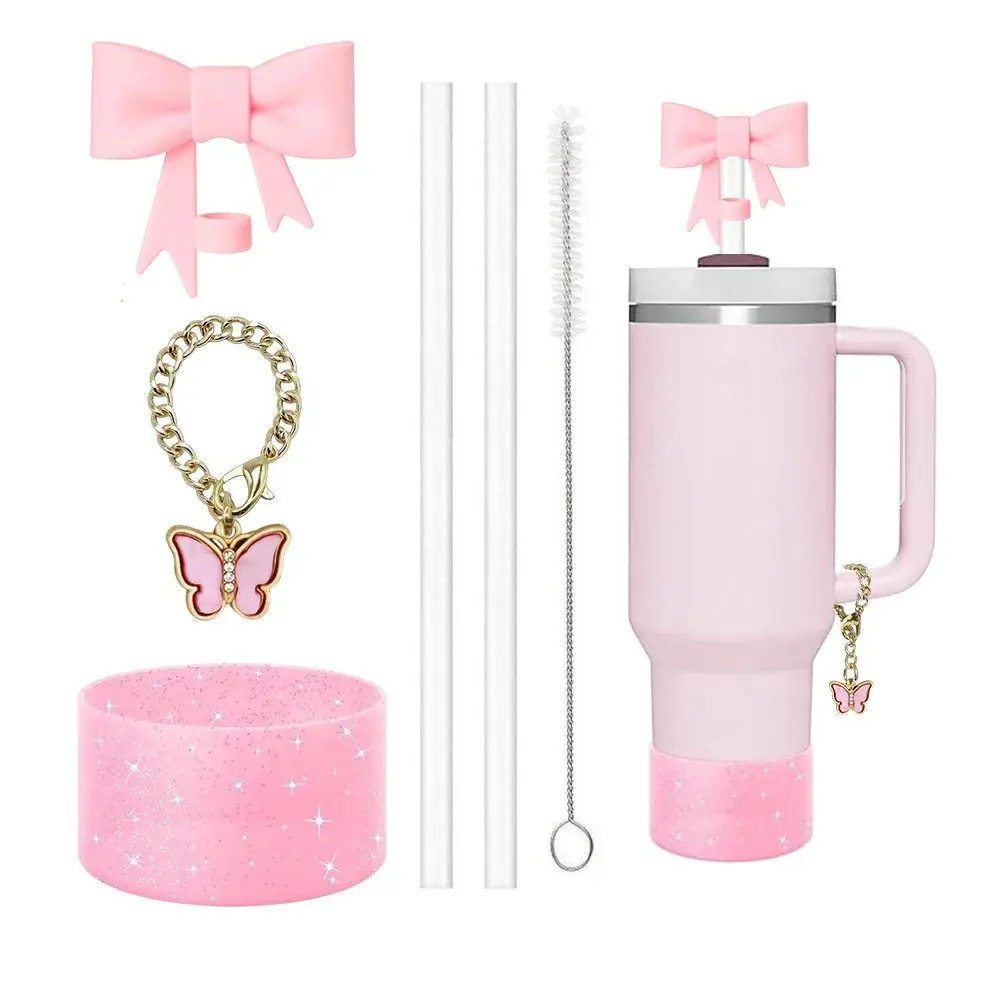 6-Piece Cup Accessories Set for 40oz/30oz Insulated Cups, Includes Glitter Straw, Brush, Flower Lid, Silicone Sleeve, Butterfly Charm, Perfect for Outdoor Activities, Ideal Gift for Valentine's Day and Mother's Day