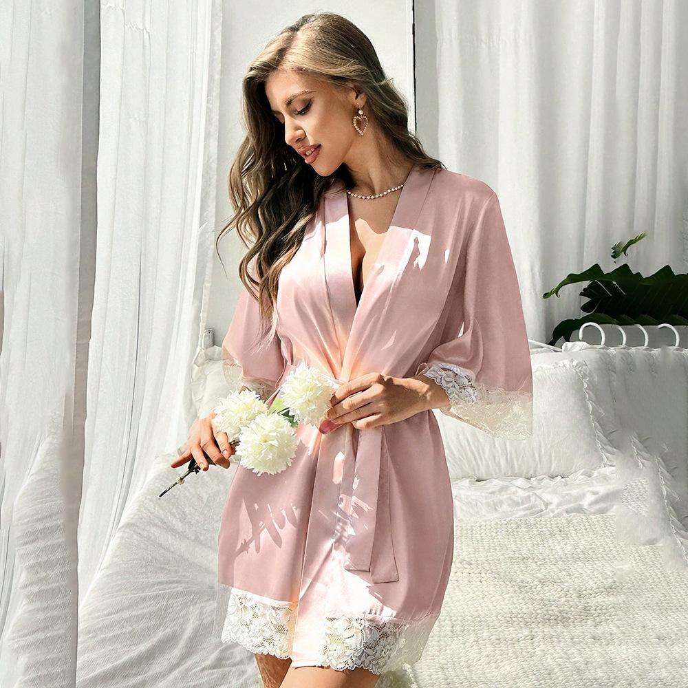 2026 New Ladies Elegant Satin Robe Lace Trim Kimono Short Sleepwear Nightgown V Neck Belted Bridal Loungewear Bridesmaid Gift
