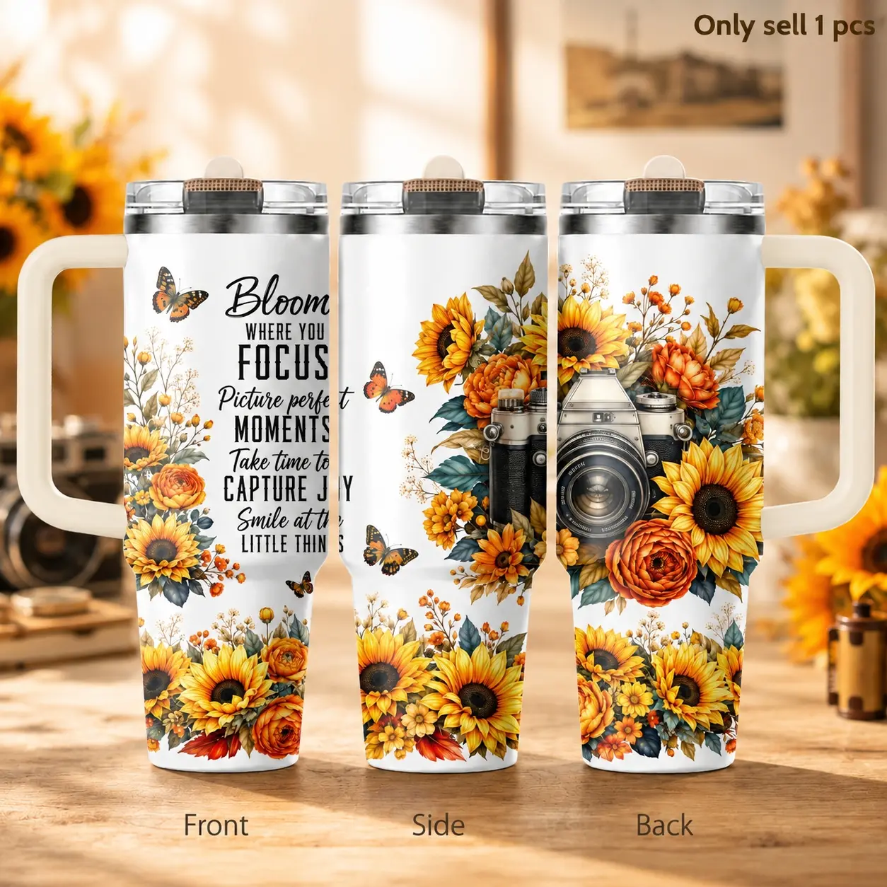 Photographer Sunflower 40oz Traveler Thermal Tumbler – Camera Lover Stainless Steel Insulated Cup with Handle & Straw Lid for Coffee, Water, Studio, Office, Travel, Car Cup Holder, Creative Gift