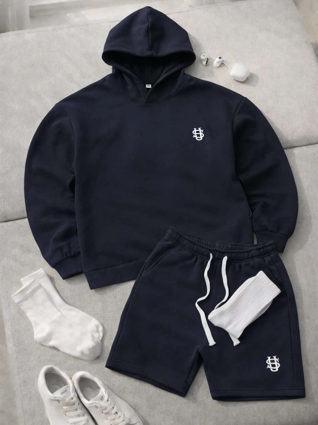 Men's Sportswear Set, Simple Embroidered Logo Hooded Sweatshirt & Drawstring Waist Shorts, Casual Street Style, All Seasons, Athleisure Set