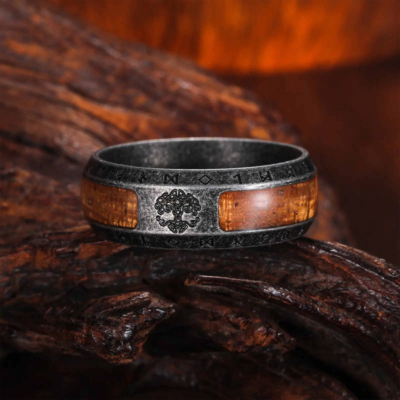 Unisex Retro Vintage Tungsten Metal Ring - Sandalwood Accent, Engraved Runes & Tree of Life Pattern, Nordic Wilderness Style, Durable for Daily Wear & Valentine's Day Occasions, Round Band