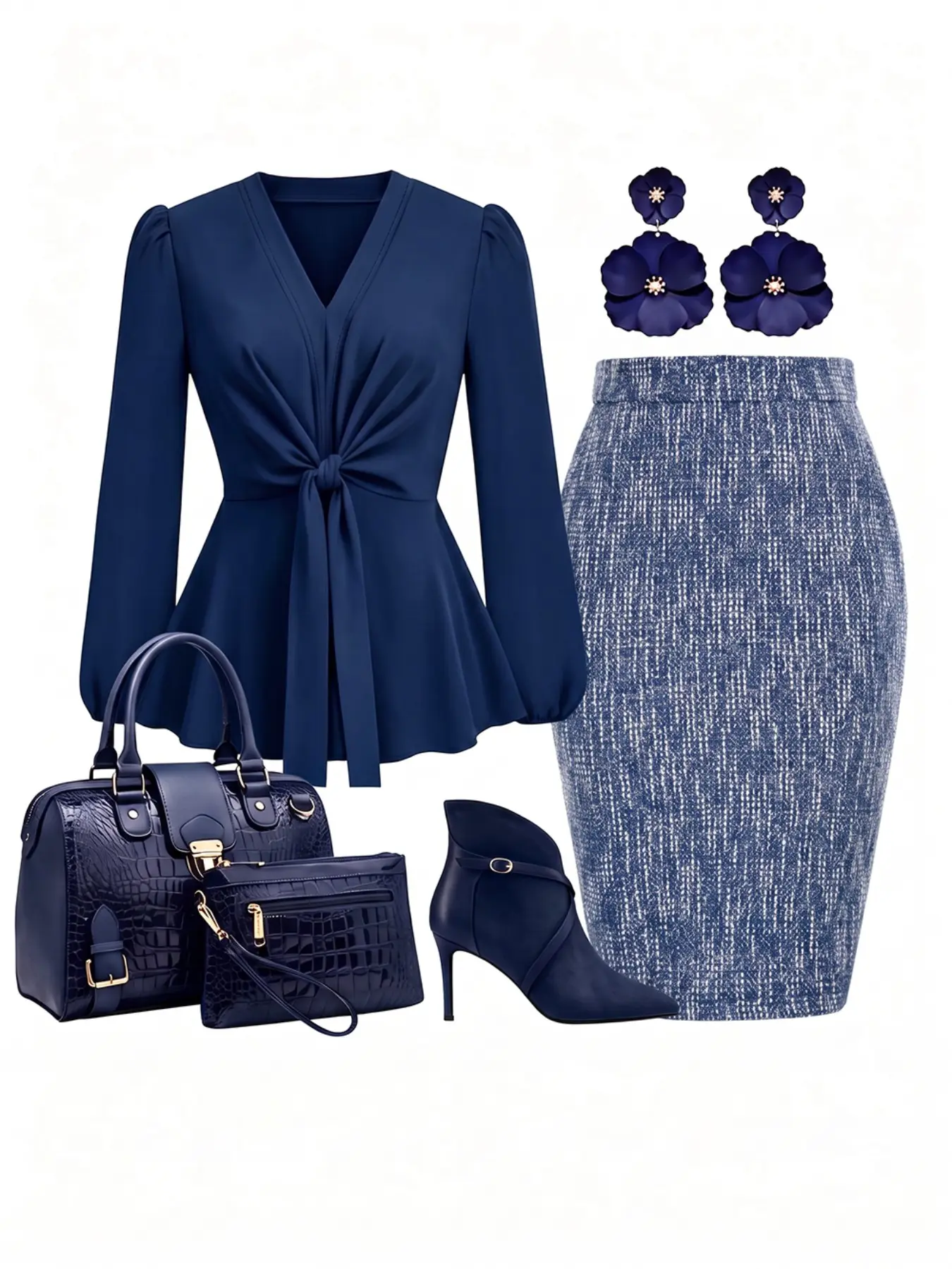 Women's 2-Piece Set with Navy Knot Waist Top & Skirt, Elegant Business Casual Office Wear for Spring & Fall