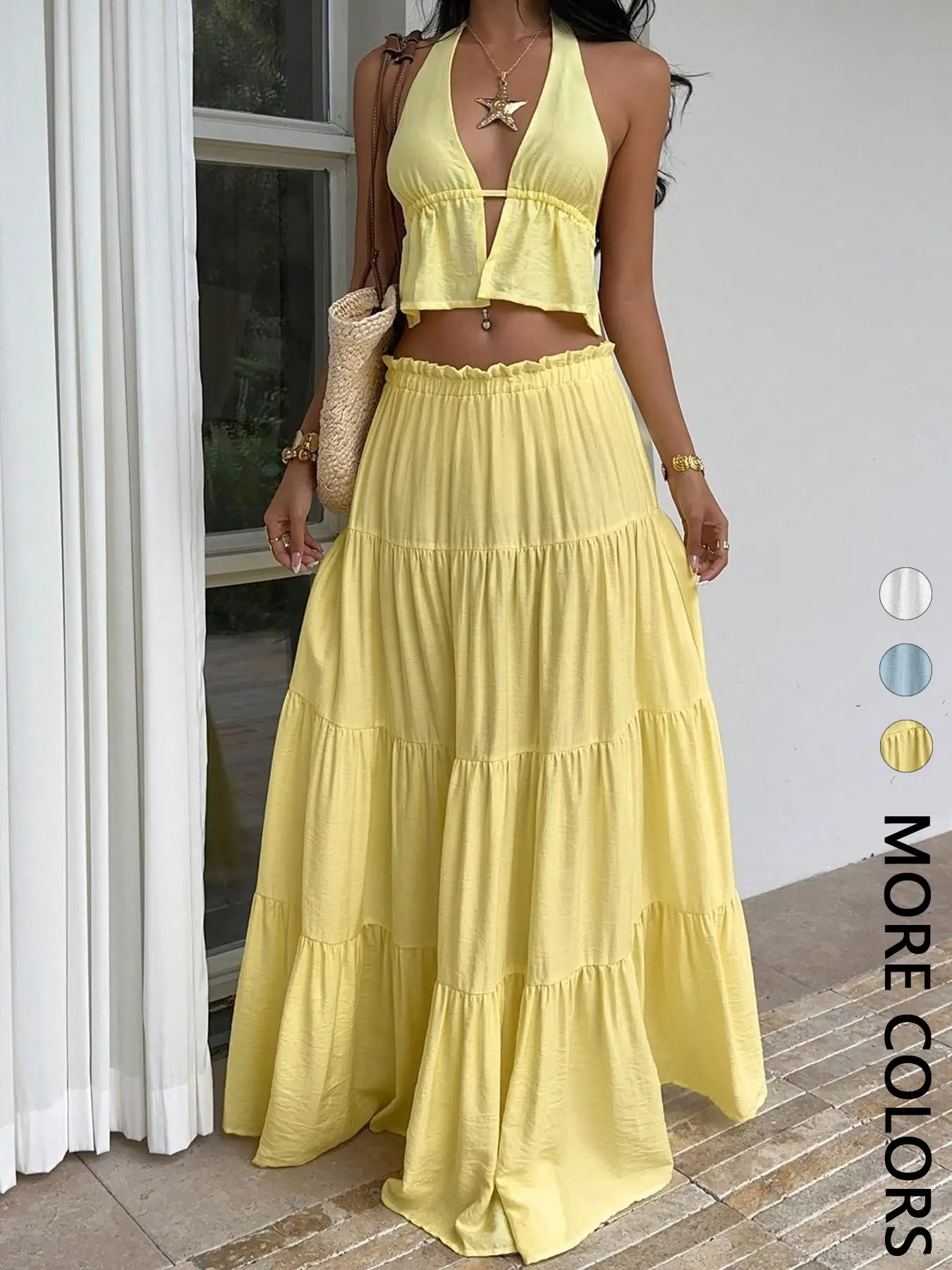 Women's 2-Piece Set, Lightweight Sleeveless Tie-Back top + Flowy Long Skirt, Backless Sexy Design, Summer Beach Vacation Style, Versatile