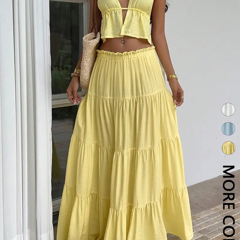 Women's Versatile 2-Piece Set, Backless Sleeveless Tie-Back Top and Flowy Long Skirt Co-ord Set for Beach & Vacation Two Piece Outfit