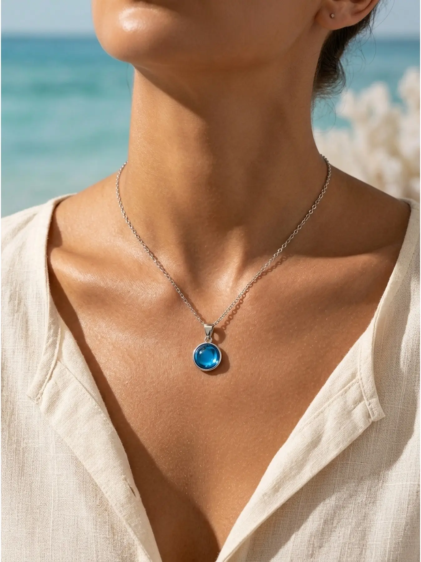 Blue Crystal Pendant Necklace for Women, Dainty Round Ocean-Inspired Charm Necklace, Elegant Minimalist Jewelry Gift for Her